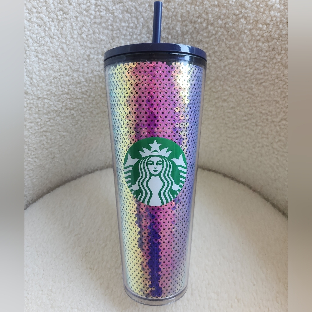 Starbucks Venti Cold Cup Tumbler 24oz Dark Purple Sequin Holiday 2020 Coffee New